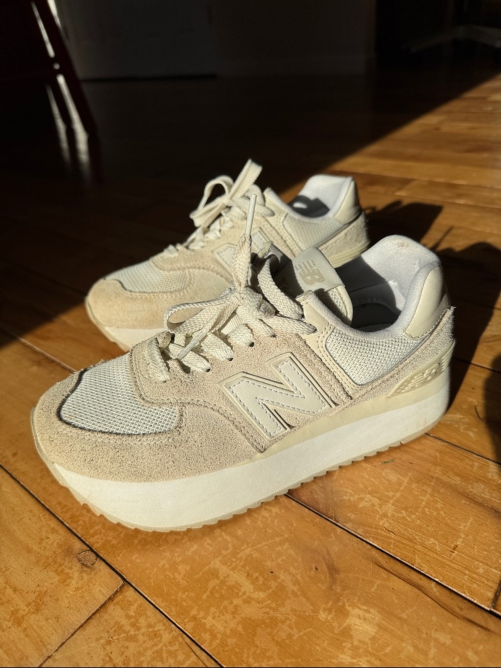 New Balance Platform 574, Size 8, Cream Suede Sneakers